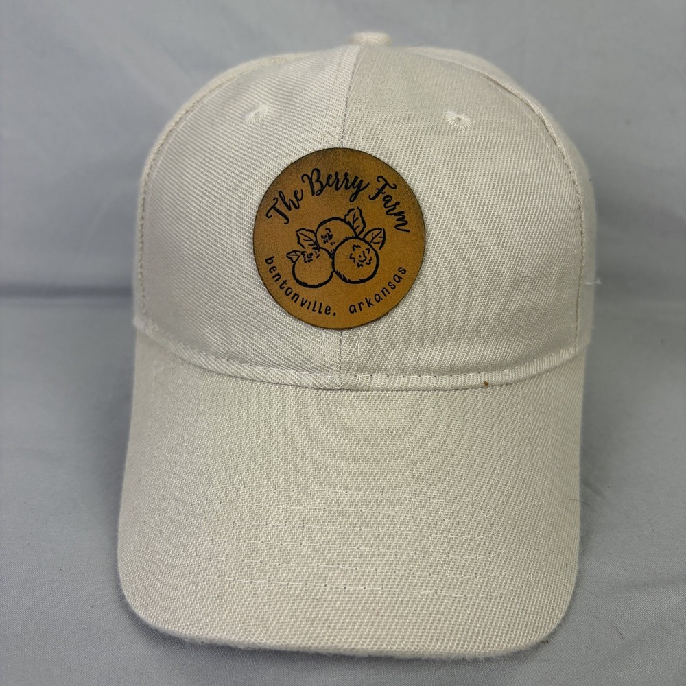 The Berry Farm Baseball Cap Hat Unisex OSFA Beige Leather Patch Arkansas 1985